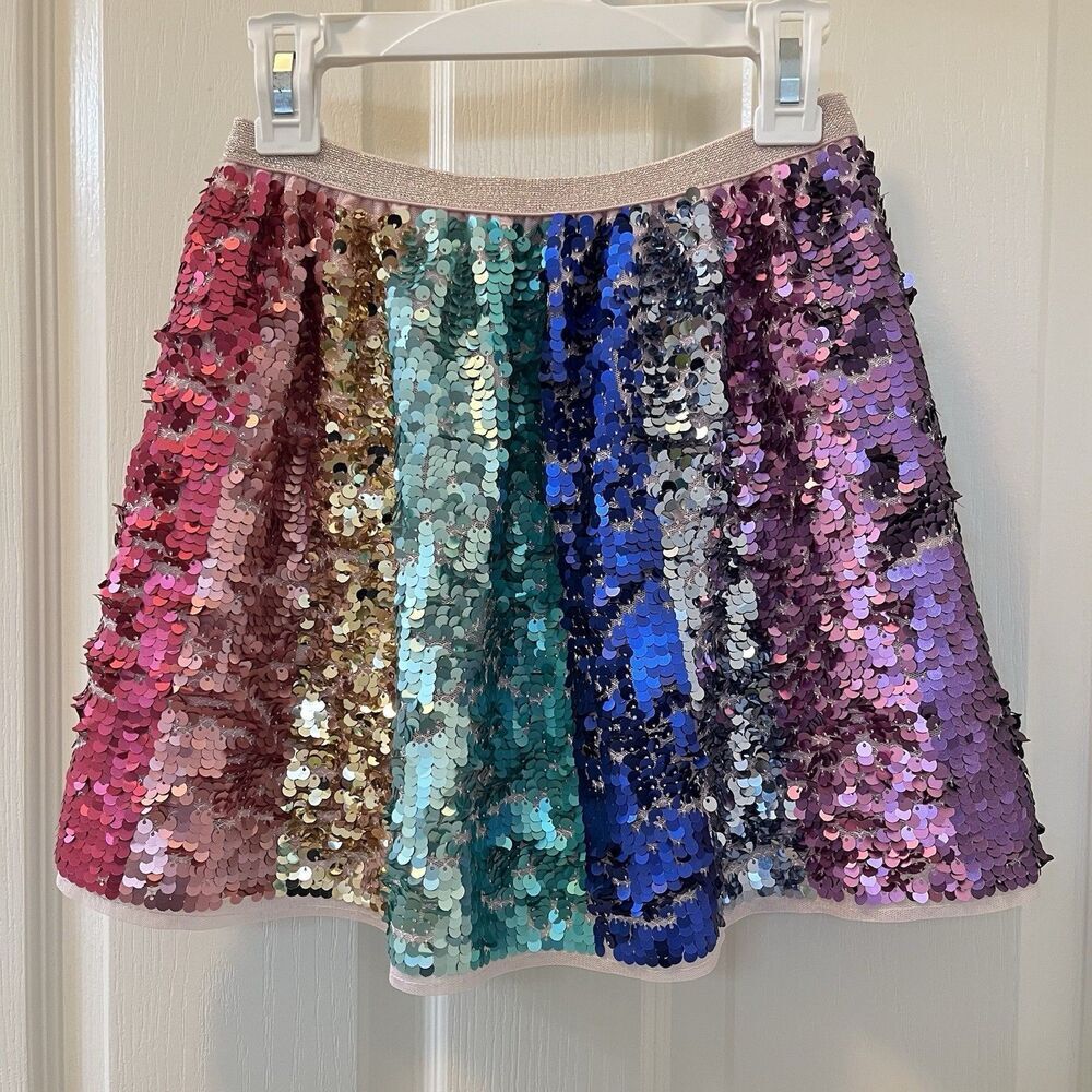 H&M Rainbow Sequined Sequin Skirt Elastic Waist Girls Size 7-8 years